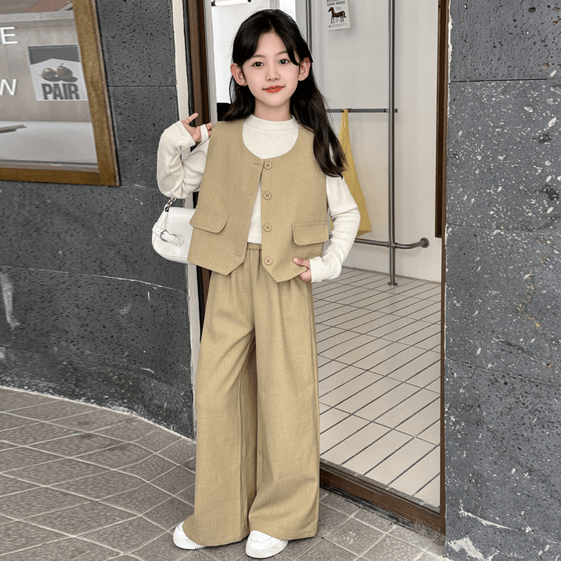 女童西装套装春秋装2024新款韩版洋气6-12岁儿童马甲阔腿裤三件套