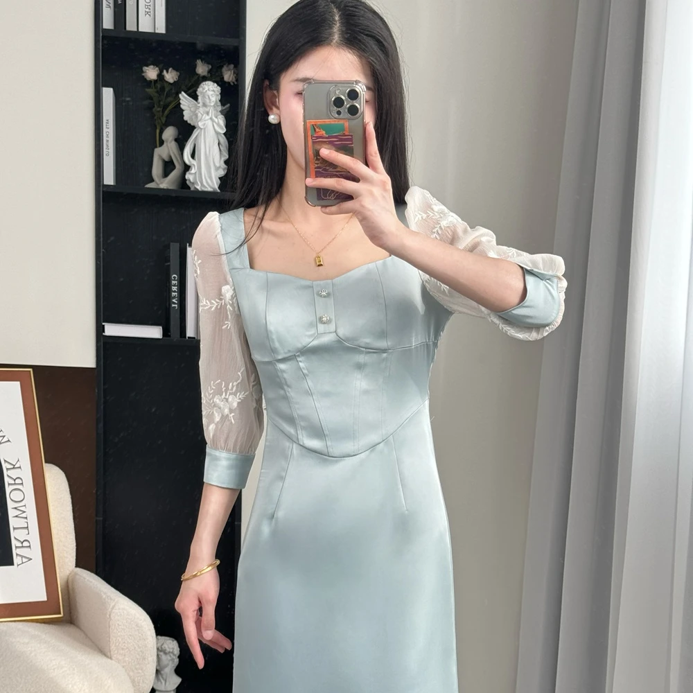 拉夏贝尔25现货夏季新法式轻奢名媛修身显瘦方领连衣裙 1777 LSC