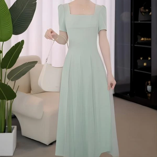 拉夏贝尔25现货夏季新款法式清凉收腰名媛方领连衣裙 1598 LSC