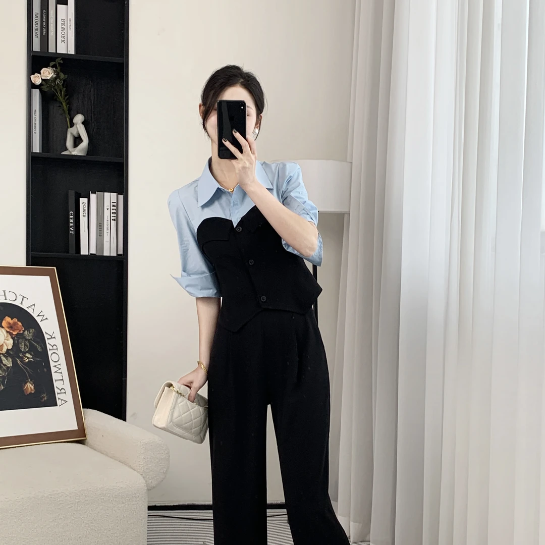 拉夏贝尔25现货秋季新气质时尚显瘦窄版阔腿裤衬衫套装 1403 LSC