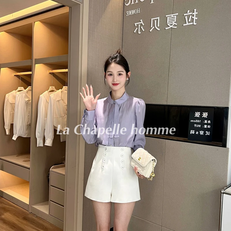 拉夏贝尔/24年秋新时尚百搭优雅减龄清凉洋气天丝衬衫 7834 LSC