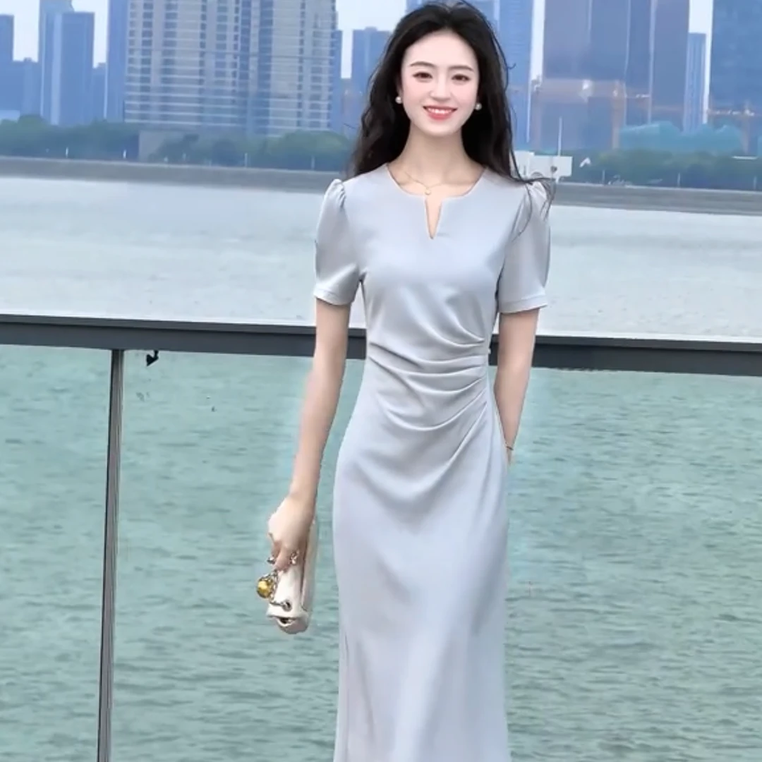 拉夏贝尔/24夏清仓清凉长袖法式收腰显瘦修身方领连衣裙 1538 LGZ