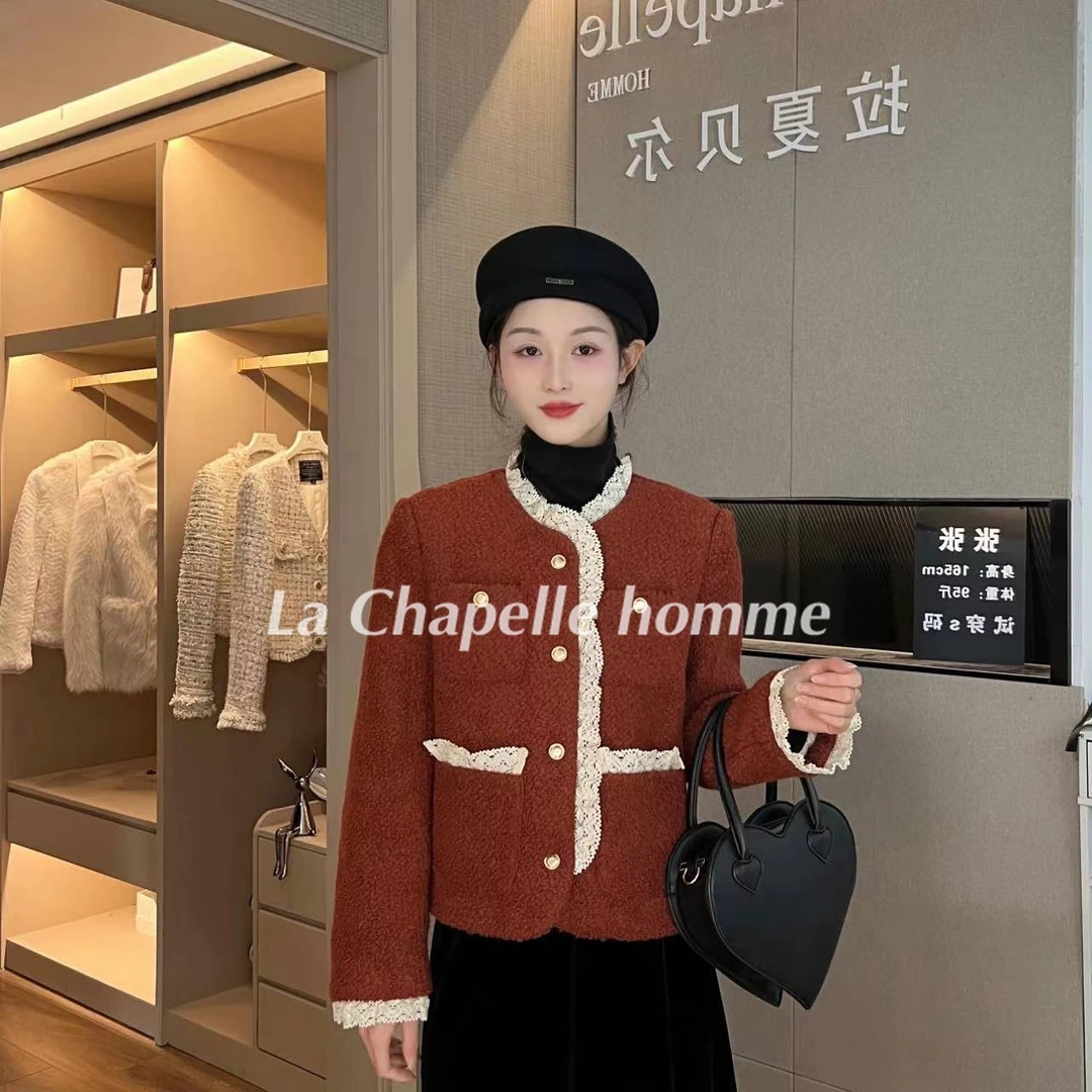 拉夏贝尔/2024冬新复古蕾丝加厚保暖气质小香轻羽绒服 7612 LSC