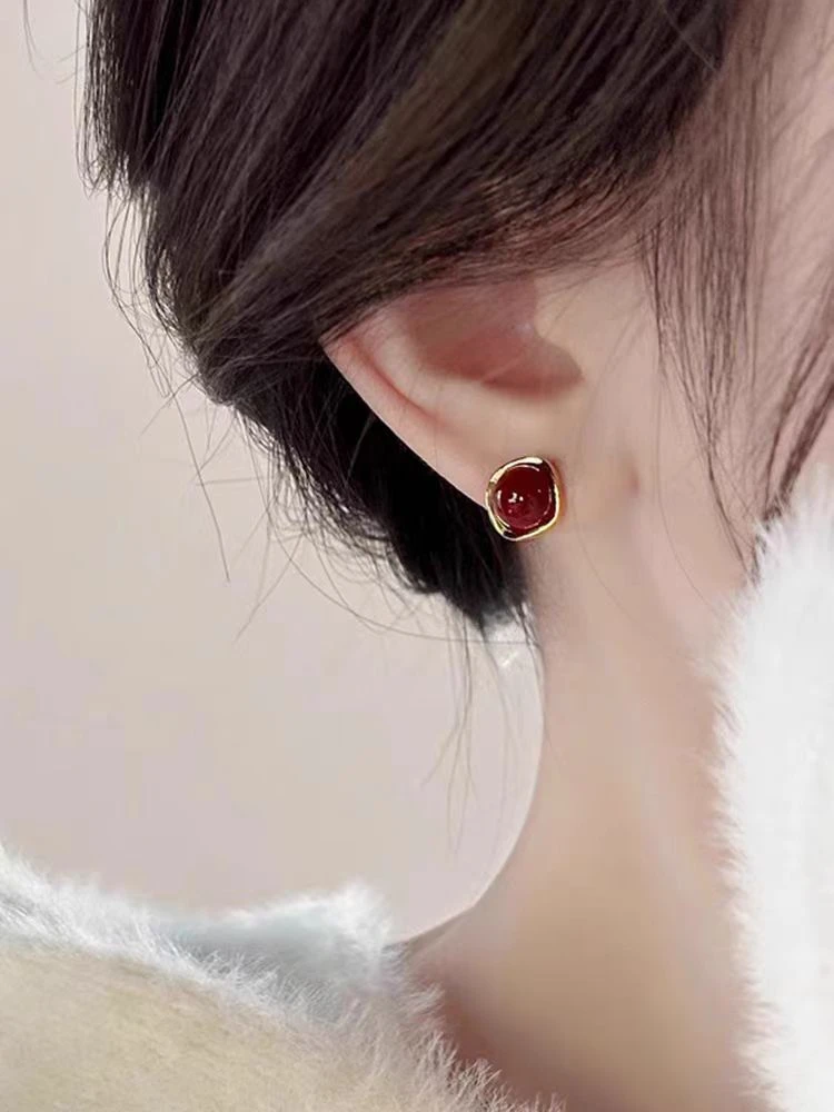 铜合金耳饰 157 【一念相思】安哥拉红金色简约小耳钉 银针