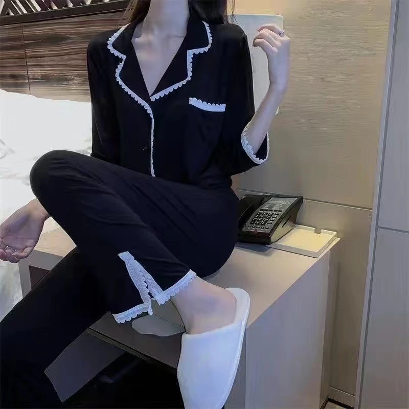 春夏季新款睡衣女长袖薄款宽松女士花边家居服网红两件套外穿