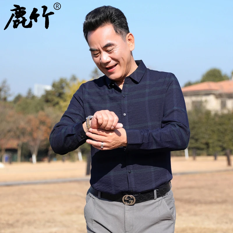2025春秋爆款爸爸装长袖衬衫中老年男士商务休闲男装宽松格纹衬衣