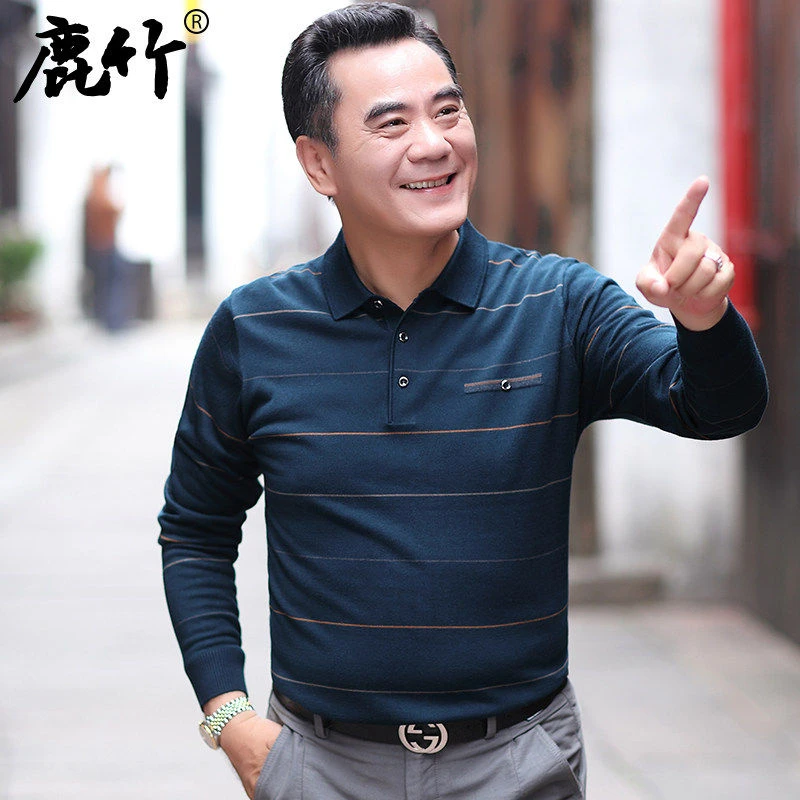 2025春秋爆款爸爸装薄款宽松长袖t恤男上衣中老年男士针织打底衫