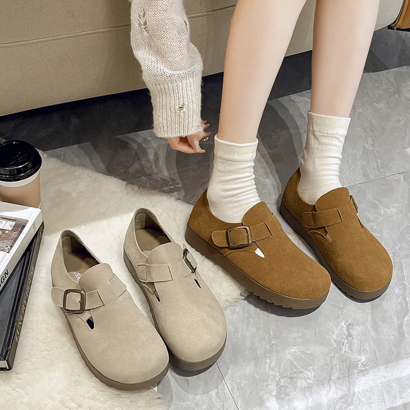 春秋厚底勃肯鞋女新款休闲平底博肯全包一脚蹬百搭豆豆鞋圆头单鞋