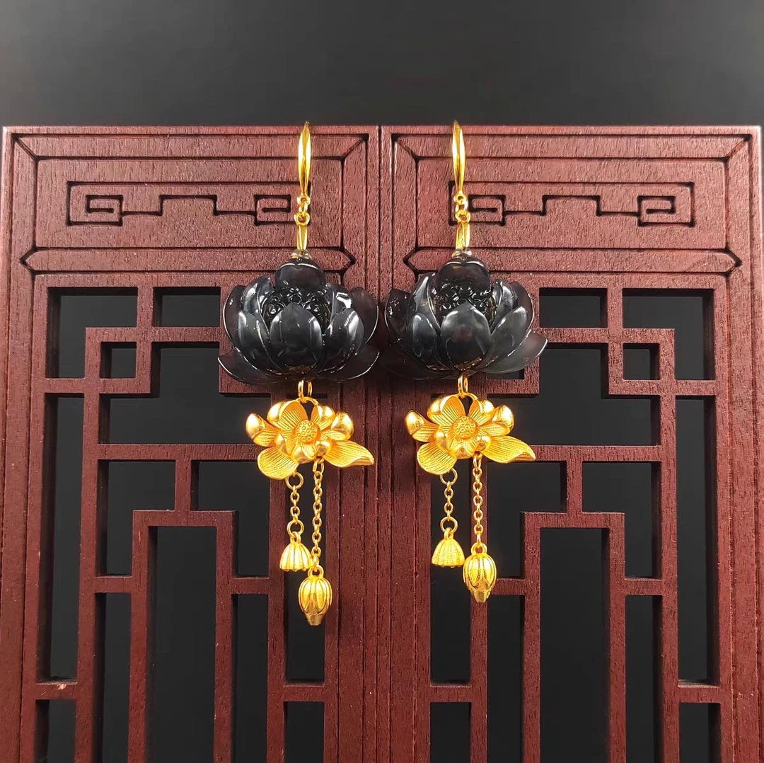 天然岫玉荷花925银镀金耳环高端贵气流苏耳坠耳饰新款