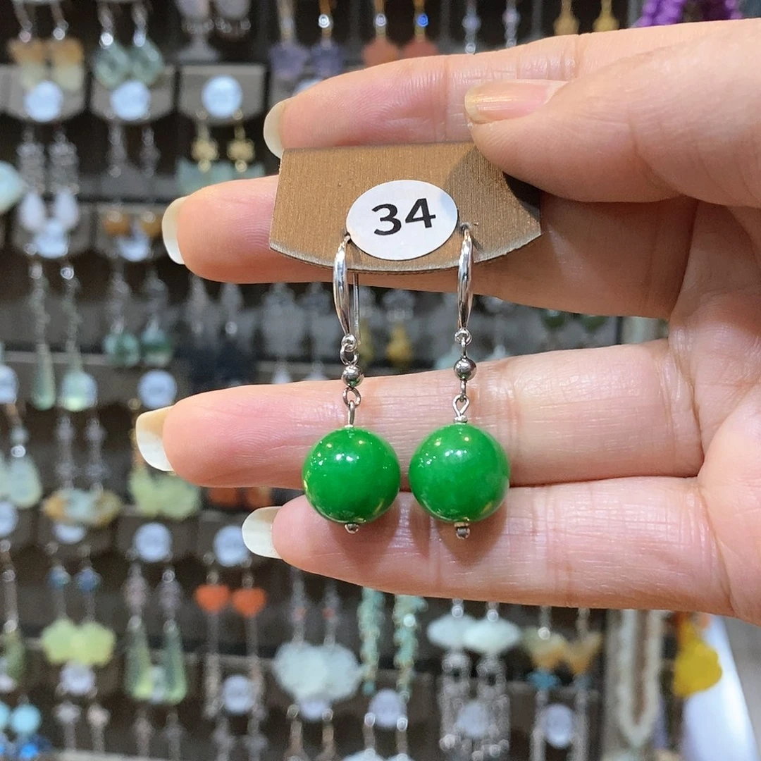 蛇纹石玉耳环银S925镶嵌