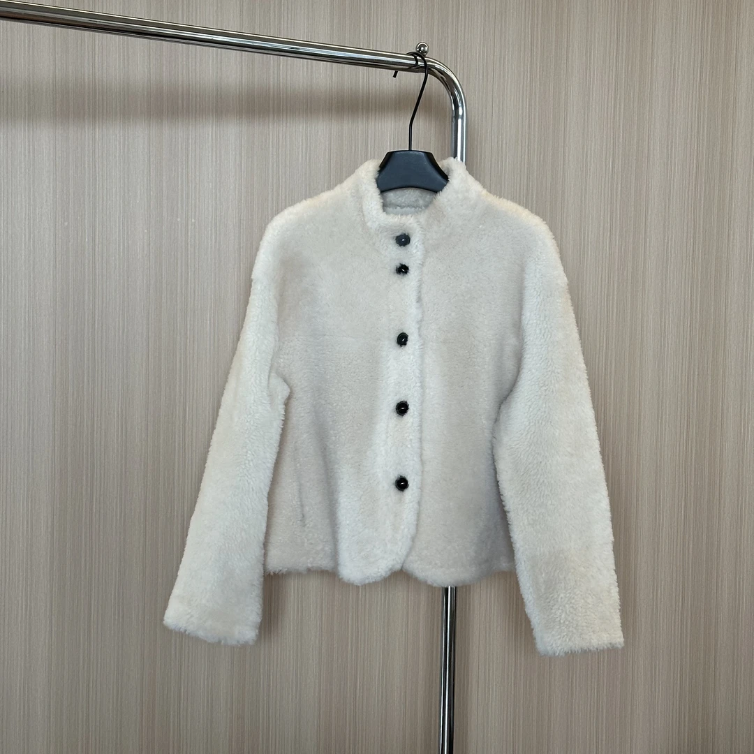 WMM小立领皮毛一体米白色保暖外套女士秋冬百搭时尚休闲显瘦