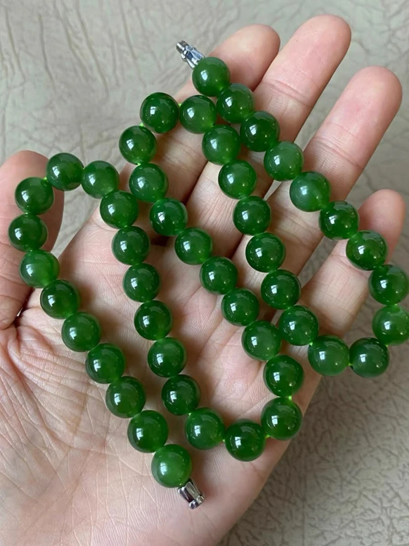 新疆和田玉碧玉项链10mm圆珠碧玉菠菜绿合金女款玉珠子项链真玉链