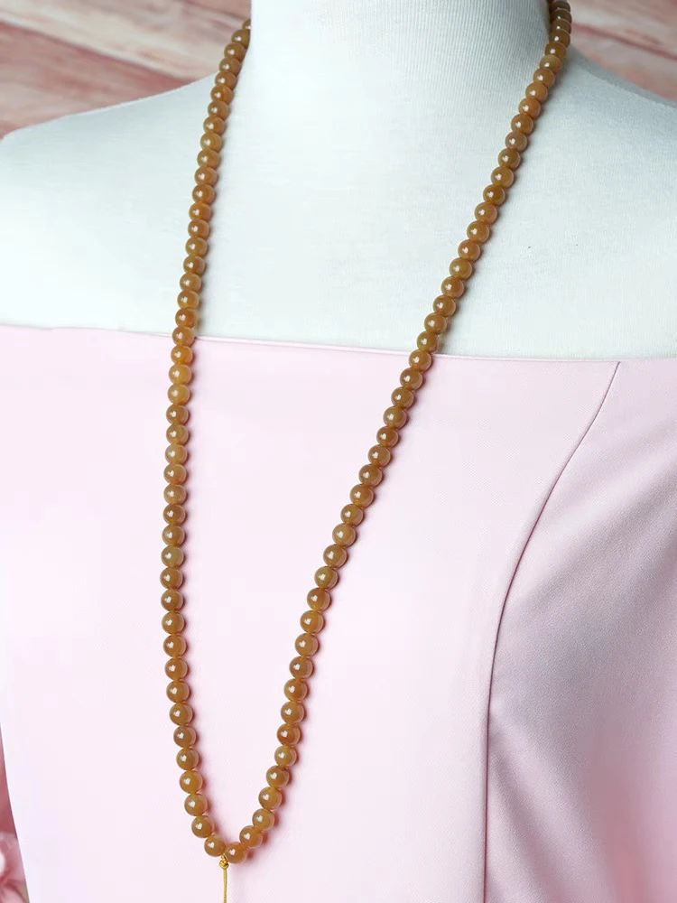 和田玉项链女108颗且末糖和田玉链子8mm单珠配珠散珠串珠天然玉石