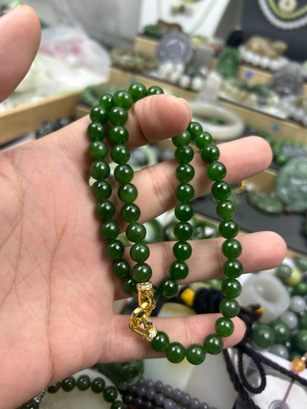 天然和田玉碧玉卡8毫米项链s925银扣头