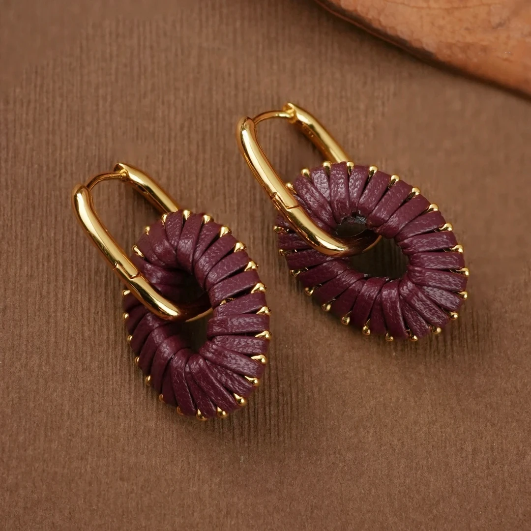 黄铜皮质耳饰 椭圆鼓耳坠 牛皮绳缠绕立体感小众百搭气质耳饰