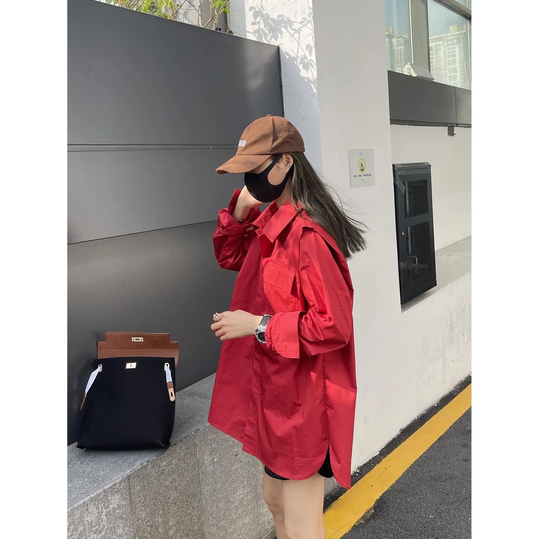 HAD TO FOUR好运红新年红时髦衬衫女休闲宽松舒适廓形大版型上衣