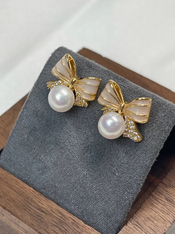 【YzzM珍珠】立体蝴蝶结天然珍珠耳钉S925银针小巧精致气质