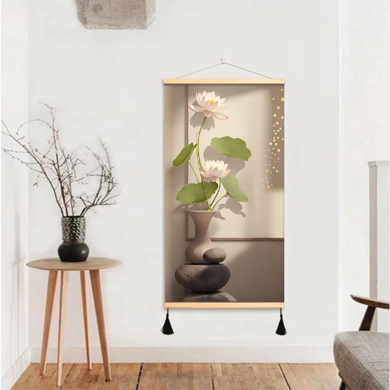 免打孔玄关客厅莲花暖居木质卷轴挂画民宿走廊尽头挂墙壁画装饰画