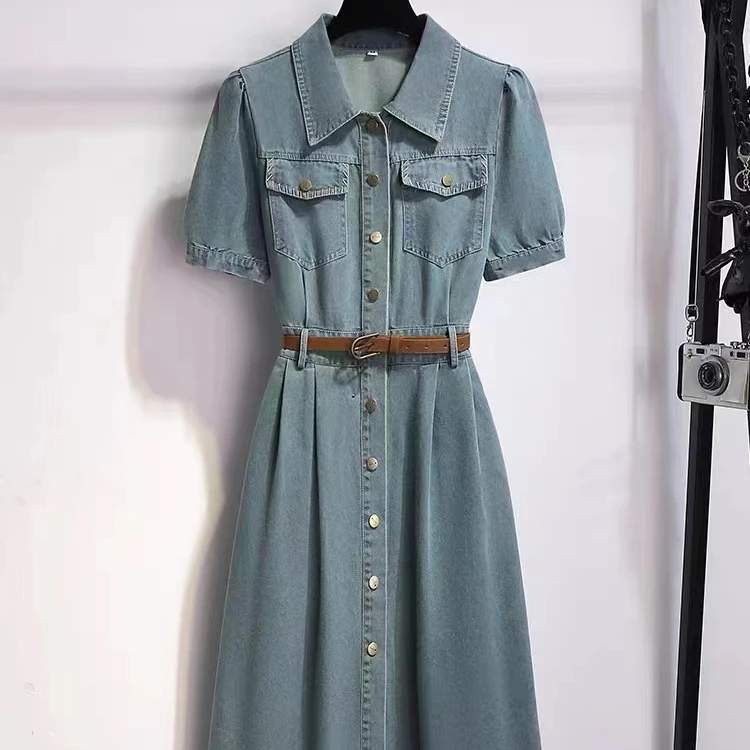 A新款058女装连衣裙裙子气质裙蓝色时尚夏季复古送腰带