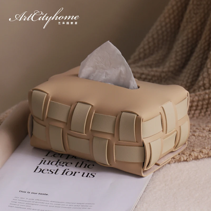 高档编织纸巾盒客厅餐桌卧室软装现代轻奢高级感车载皮革餐巾纸盒