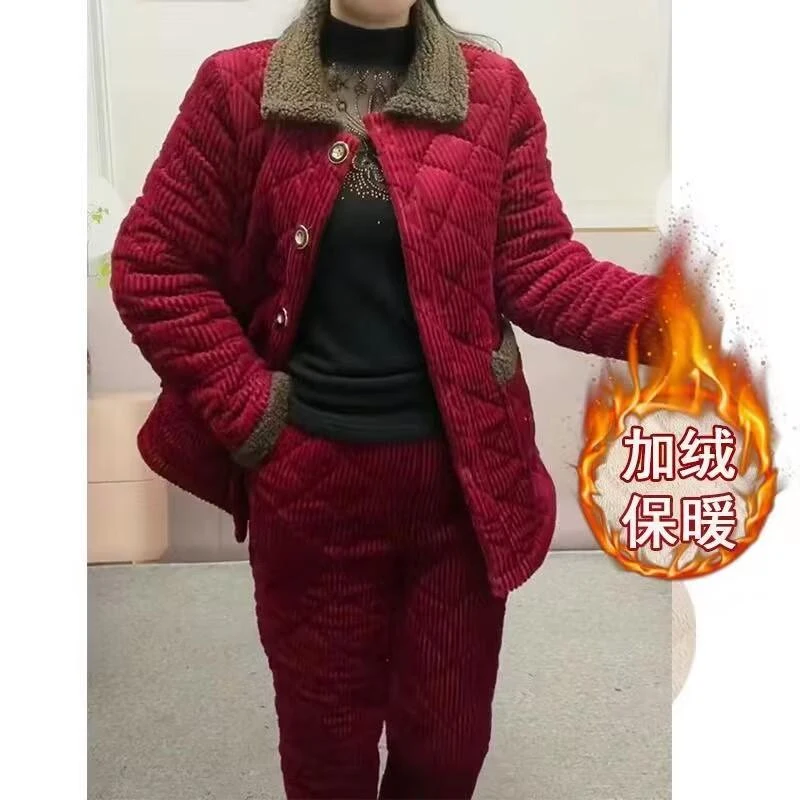 妈妈装加绒加厚宽松棉衣两件套装冬季新款上衣条绒棉袄家居服保暖