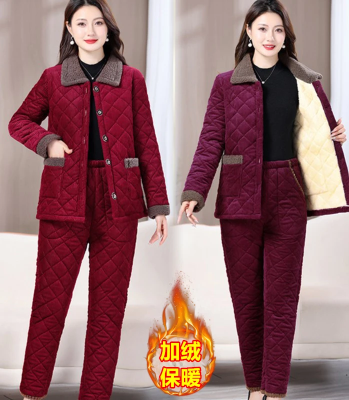 妈妈装棉衣棉裤两件套女加绒加厚冬季棉袄中老年人套装棉服家居服