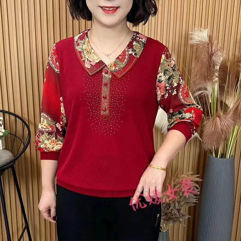 2024春秋妈妈装长袖T恤娃娃领上衣时尚中年减龄显瘦遮肚打底小衫