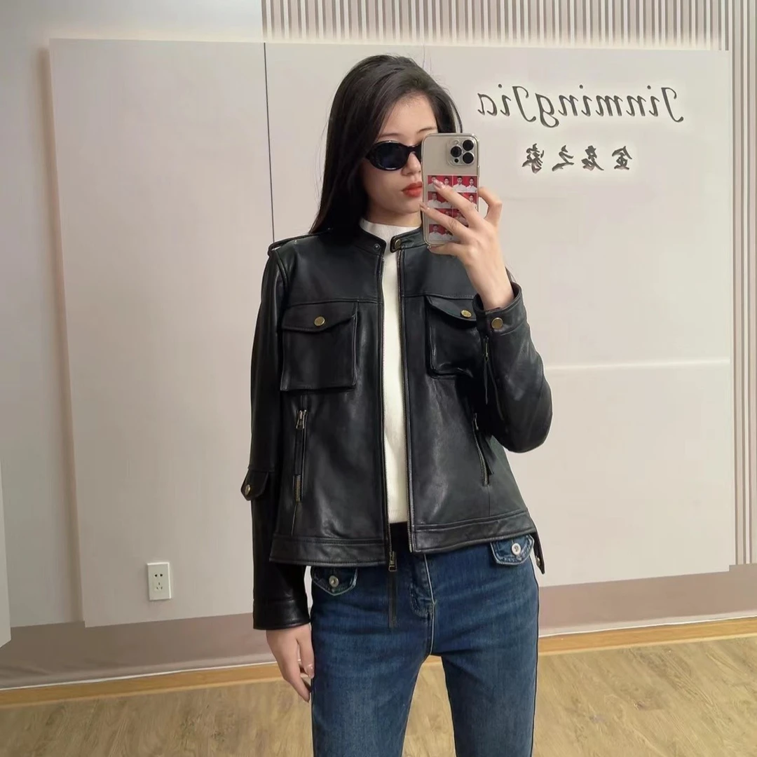 JINMINGJIA2024”春季新款植鞣水洗“真皮工装风双兜肩扣女士外套