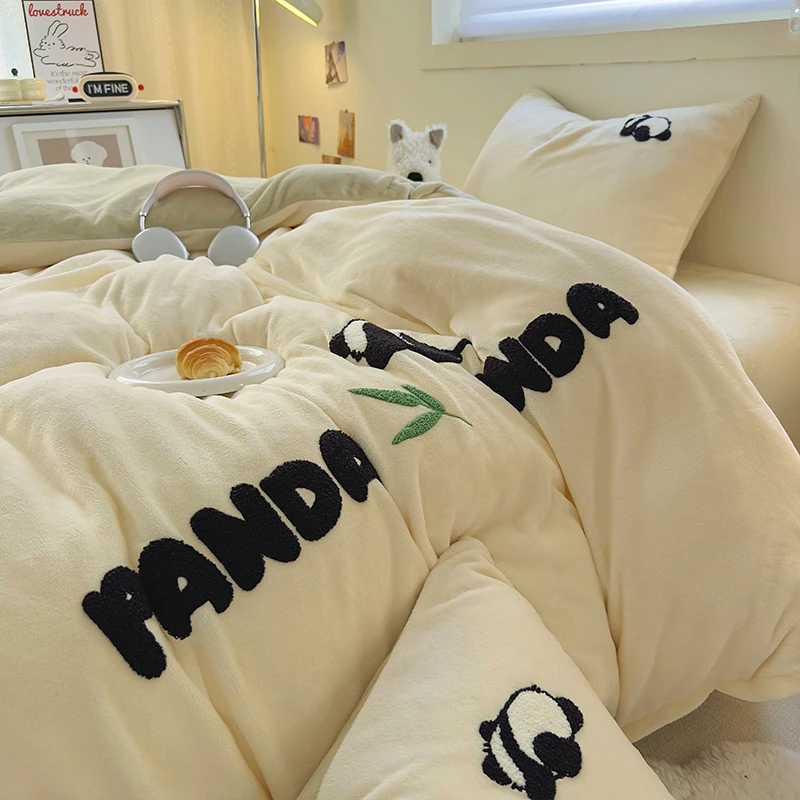 杰茹可爱熊猫牛奶绒四件套毛巾绣加绒被套床单款双面绒被罩三件套