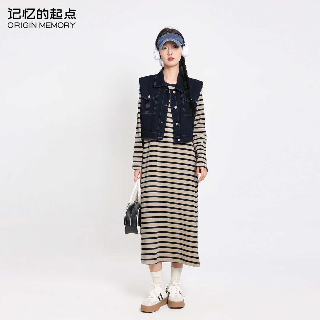 记忆的起点休闲牛仔马甲条纹连衣裙两件套女慵懒风套装68AX80159