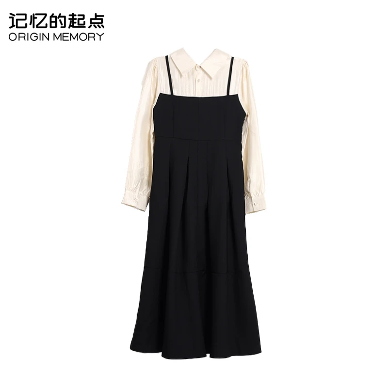 记忆的起点法式假两件连衣裙女时尚春季学院风长袖裙子68AC80183