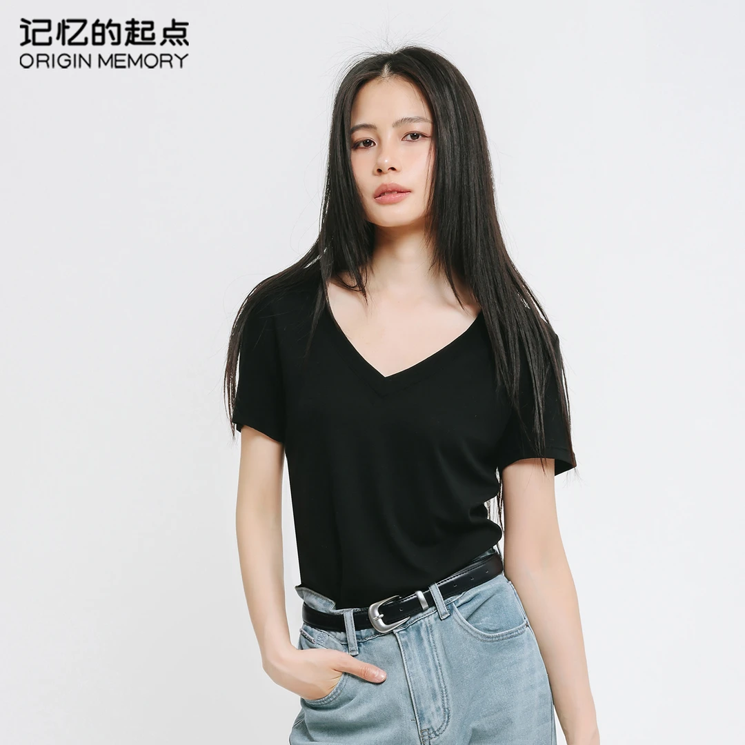 记忆的起点纯欲V领短袖T恤女夏季时尚百搭显瘦上衣68AX39683