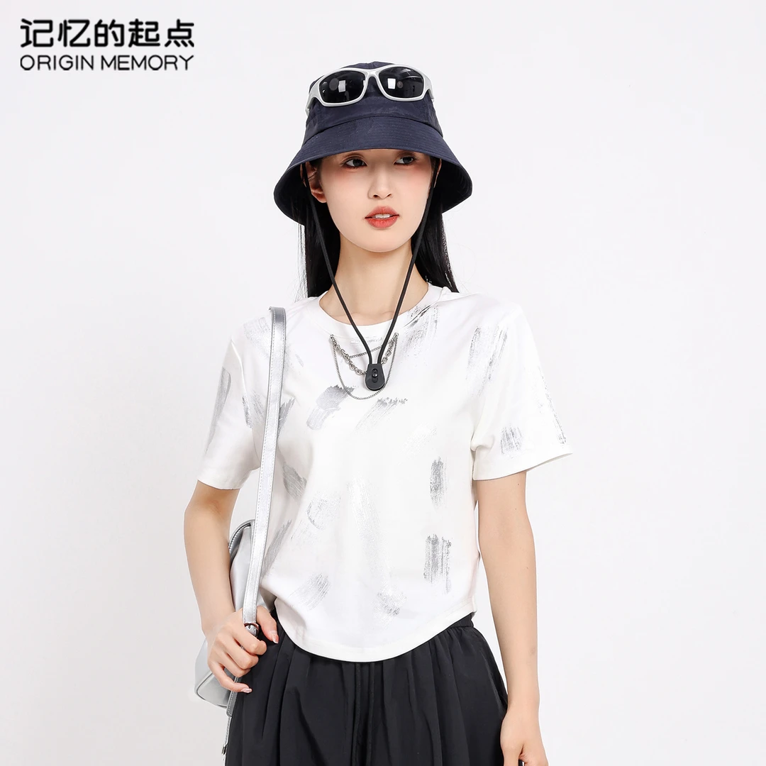 记忆的起点短袖T恤女时尚款修身显瘦链条烫金圆领上衣68AX37752N