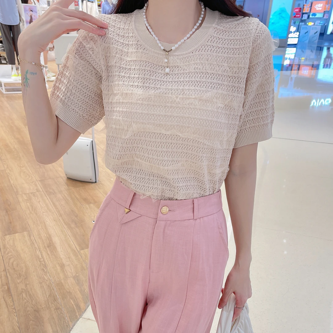 【夏款上新】夏季新款短袖薄款针织衫女洋气时尚上衣女EMY-S44005