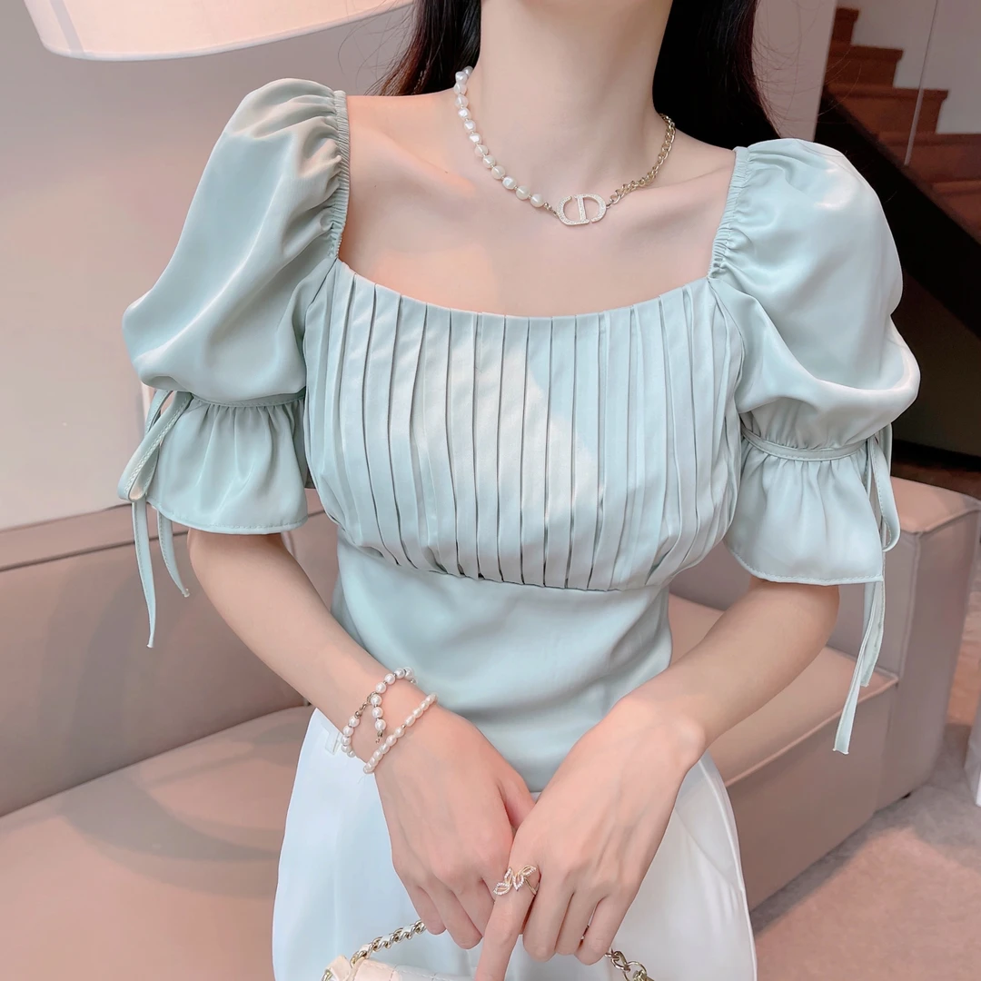 【夏款上新】法式方领泡泡袖小众别致设计感复古上衣女DMJ-S52795