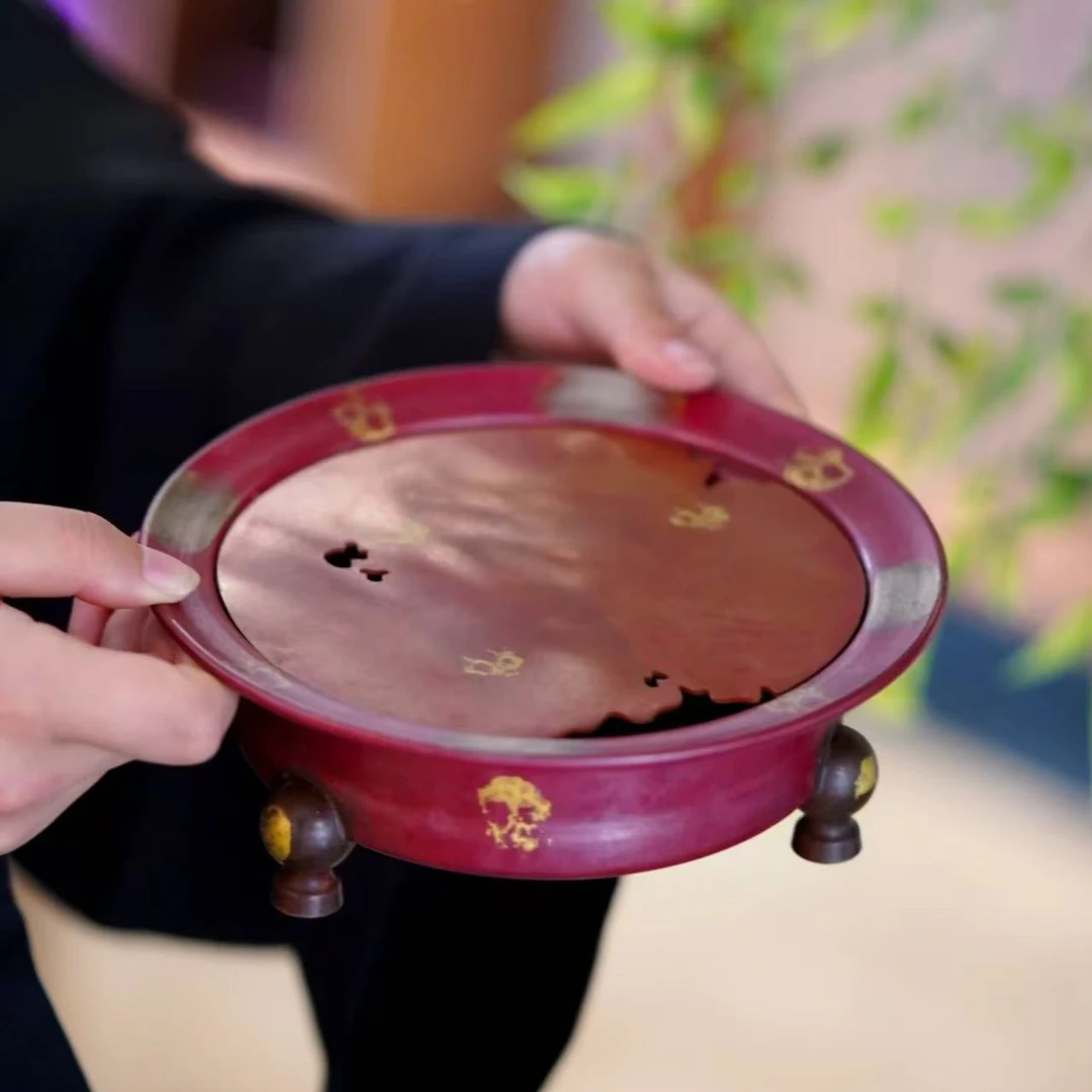 【半闲】铜也 | 三足紫铜鎏金做旧壶承