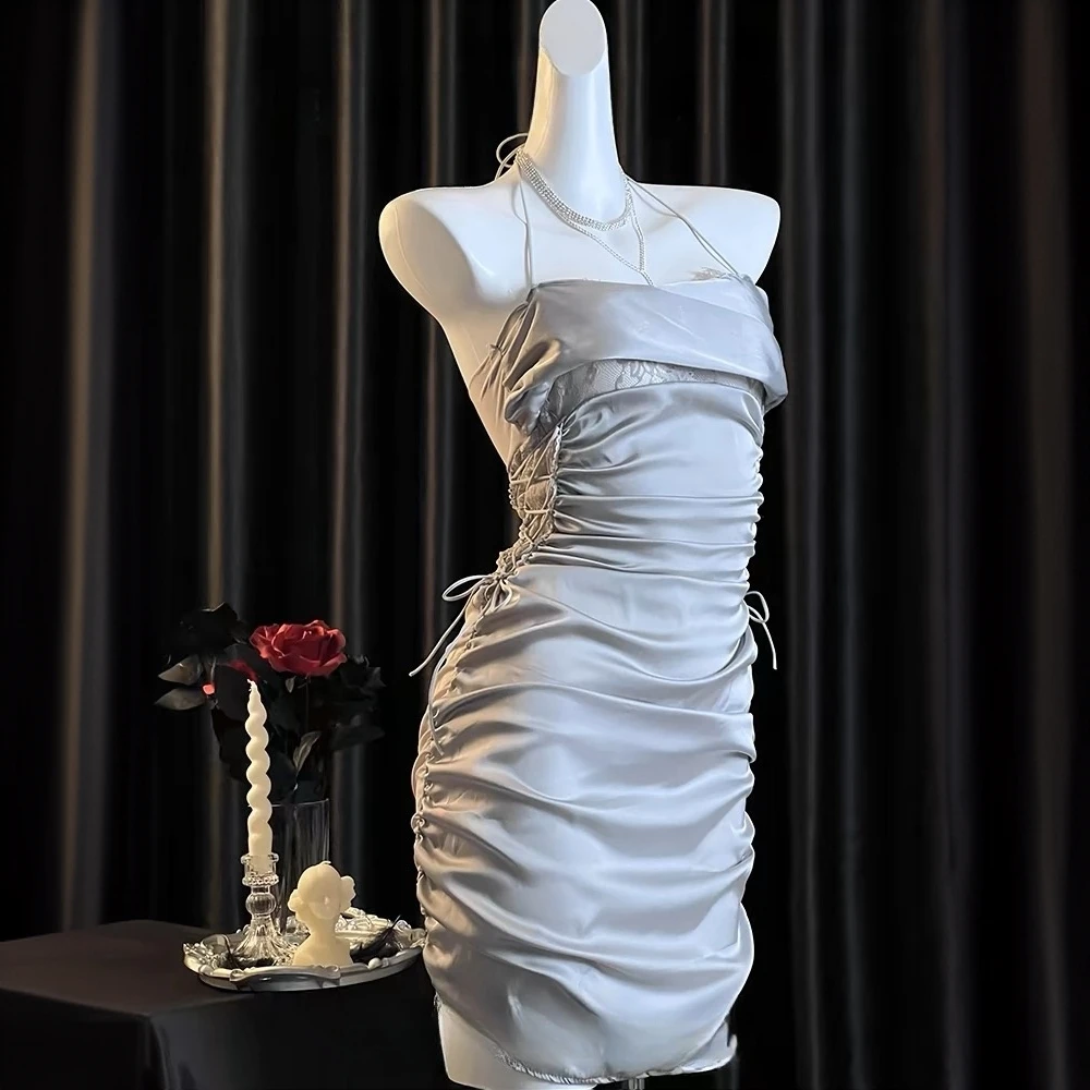 【掀开奶盖】性感缎面睡裙夏季包臀连衣裙蕾丝褶皱露背诱惑约会战袍