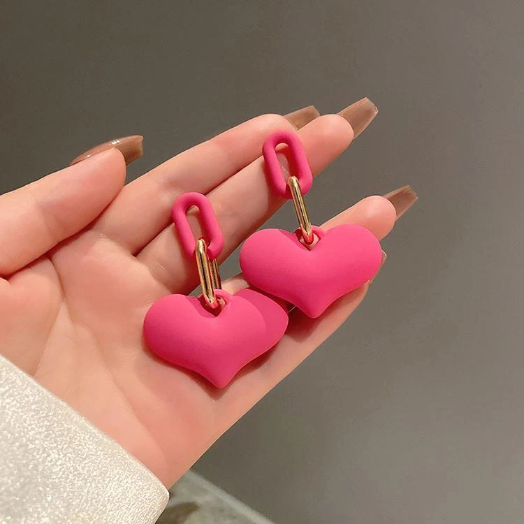 铁合金无非金属耳饰 个性耳饰流行玫红色耳环立体桃心个性耳坠