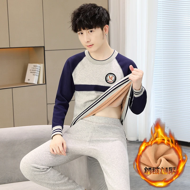 冬季加绒加厚保暖秋衣裤卫生裤套装青少年大童可外穿打底绒衣绒裤