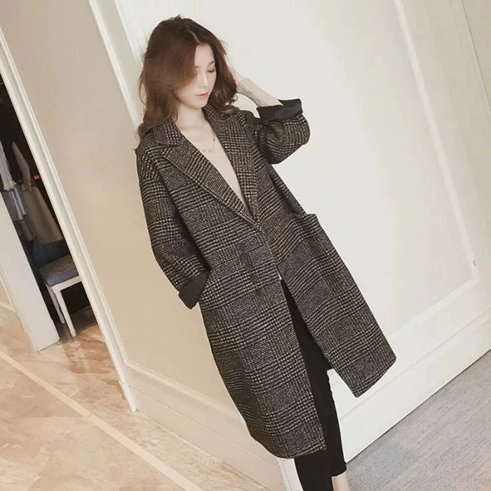 23新款秋冬时尚休闲格子西服英伦春秋宽松修身气质呢子千鸟格大衣