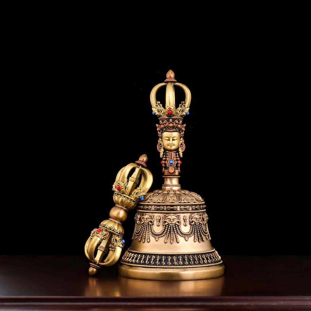 藏式黄铜五股铃杵手把桌面工艺品摆件金色批量铃铛大中小号声音长
