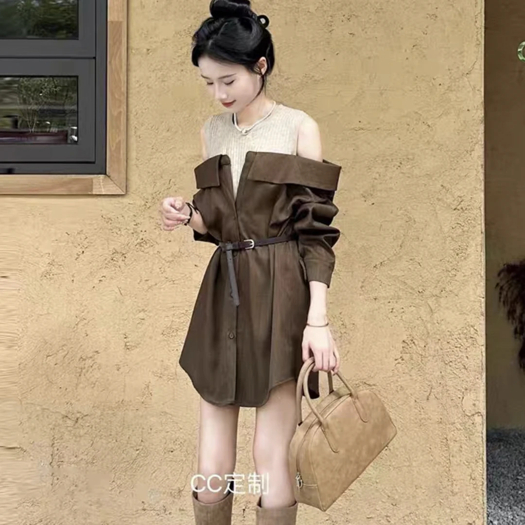 早秋新款显瘦假两件拼接设计感宽松长袖圆领撞色露肩衬衫