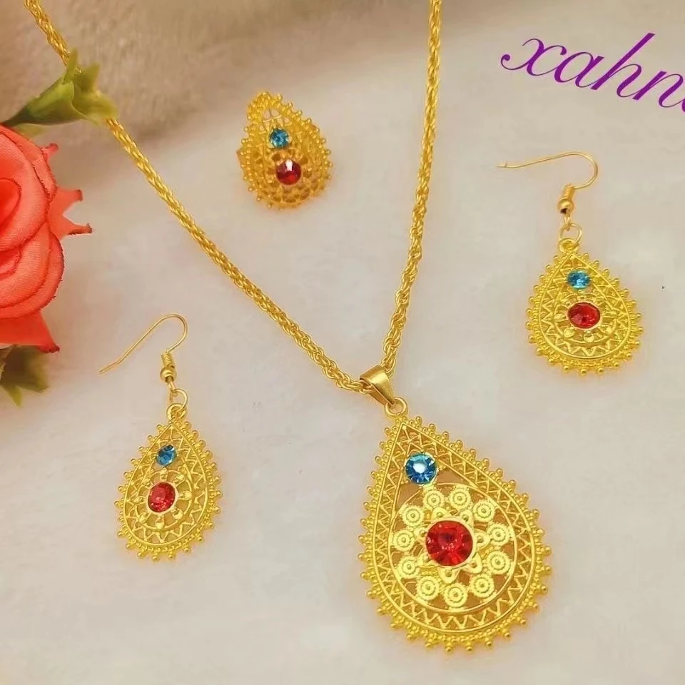 合金合成锆石吊坠 饰品三件套水滴彩钻民族风首饰新疆包邮