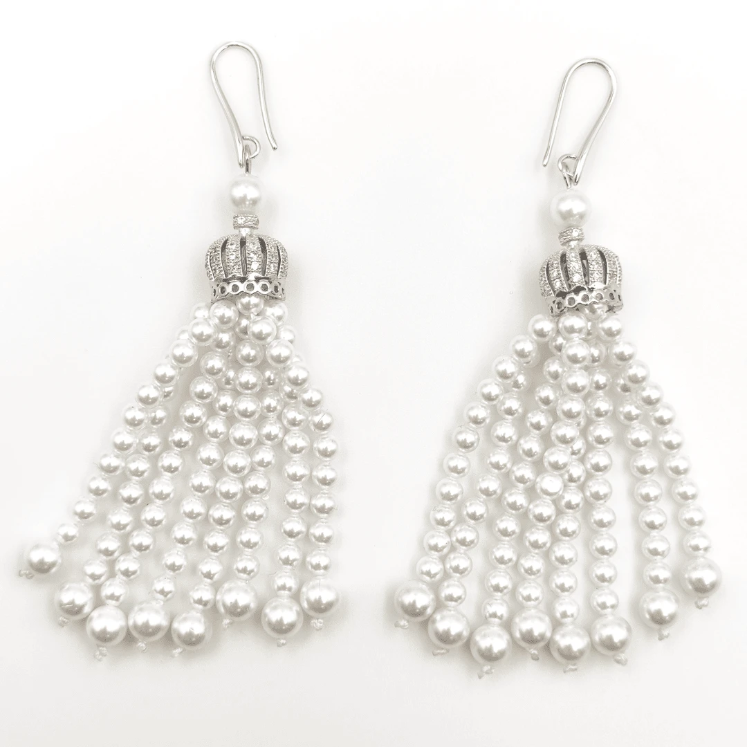 925银仿珍珠耳饰 新中式耳钩皇冠流苏白珠高级感耳饰黑珠耳坠耳环