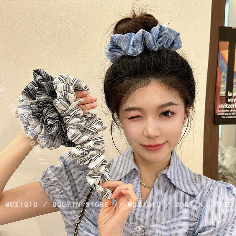 木子秋海盐夏日~ 韩系条纹大肠发圈精致优雅气质时尚温柔少女发圈