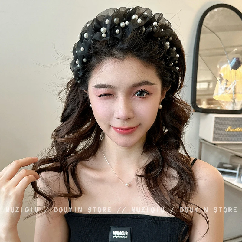木子秋高级感赫本风精致黑色珠珠宽边发箍优雅气质时尚网红搭发箍