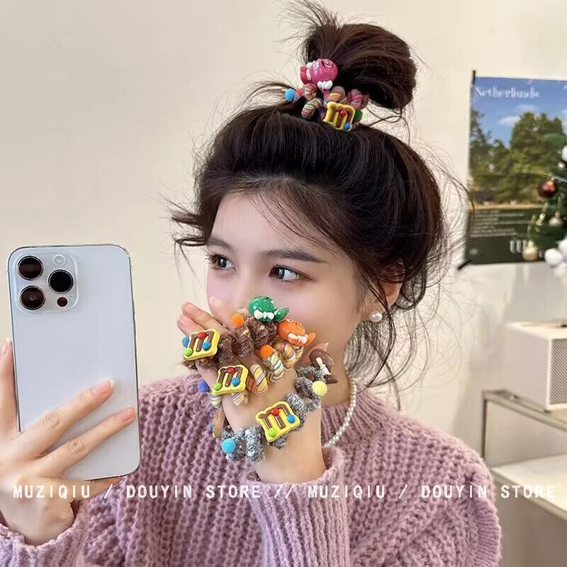 木子秋可爱m豆~彩虹基础款电话线发圈ins气质时尚甜美简约搭粉色