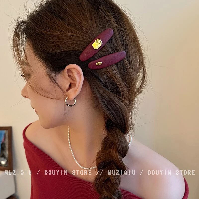 木子秋复古学院风KT猫咪皮质侧边夹子高级感气质时尚搭刘海夹头饰
