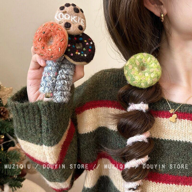 木子秋趣味卡通曲奇甜甜圈毛绒直线发圈高级感气质时尚甜美搭发圈