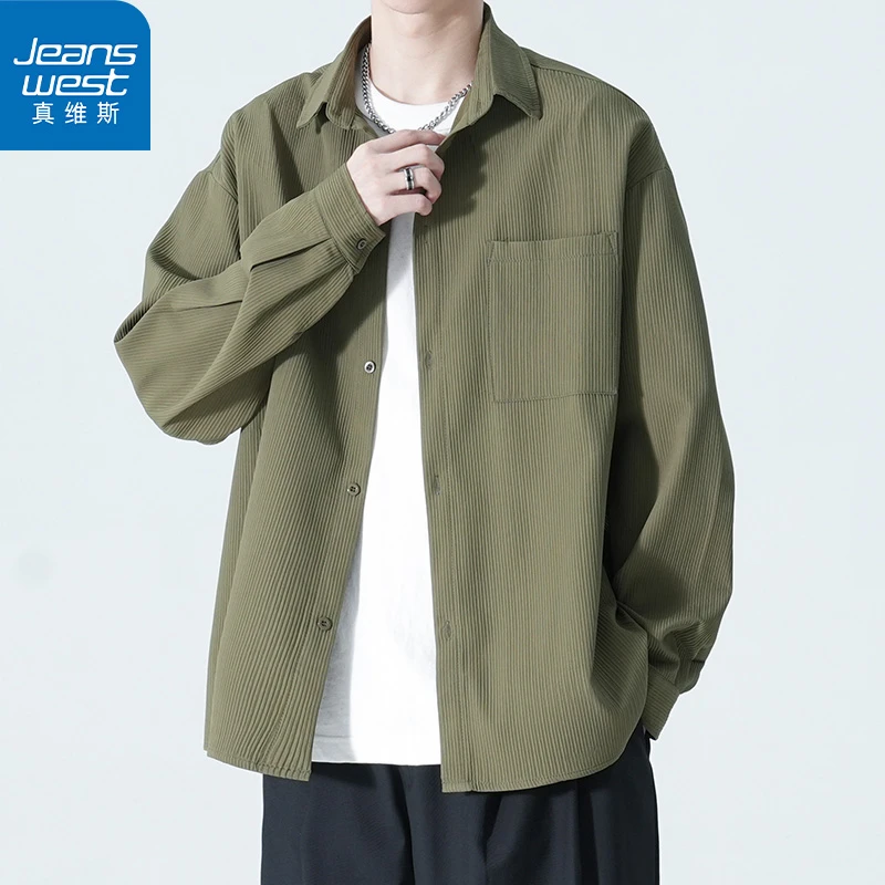 真维斯春秋新款美拉德穿搭竖条纹宽松衬衫潮牌潮流设计感长袖外套